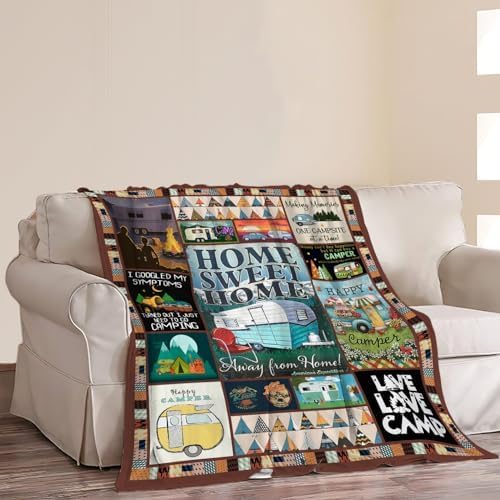 Camping Blanket Soft Warm Plush Throw Blanket Happy Camper RV Gifts for Camper Lover Cozy Lightweight Flannel Fleece Bedding Stuff Decor Blanket for Girls Kids Adults Women 40"x50"