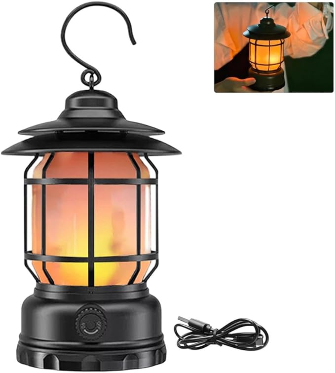 Rechargeable Camping Lantern, Flame Decorative Table Lamp, 2 Modes LED Lights with Hooks, Dimmable, Vintage Style, Portable Camping Light for Indoor/Outdoor Use