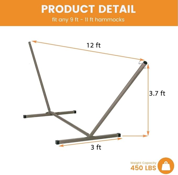 Lazy Daze Hammocks Portable 2 Person Heavy Duty Steel 12 FT Hammock Stand with Hooks and Chains for Outside, Patio, Backyard, 450 Pounds Capacity, Tan