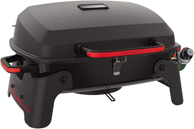 Megamaster 1-Burner Portable Gas Grill with Locking Lid, 11,000 BTU Stainless Steel Burner, Foldable Legs, Small Propane Grill for Outdoor Cooking, Camping, BBQs, Patios, and Gardens - 820-0065C