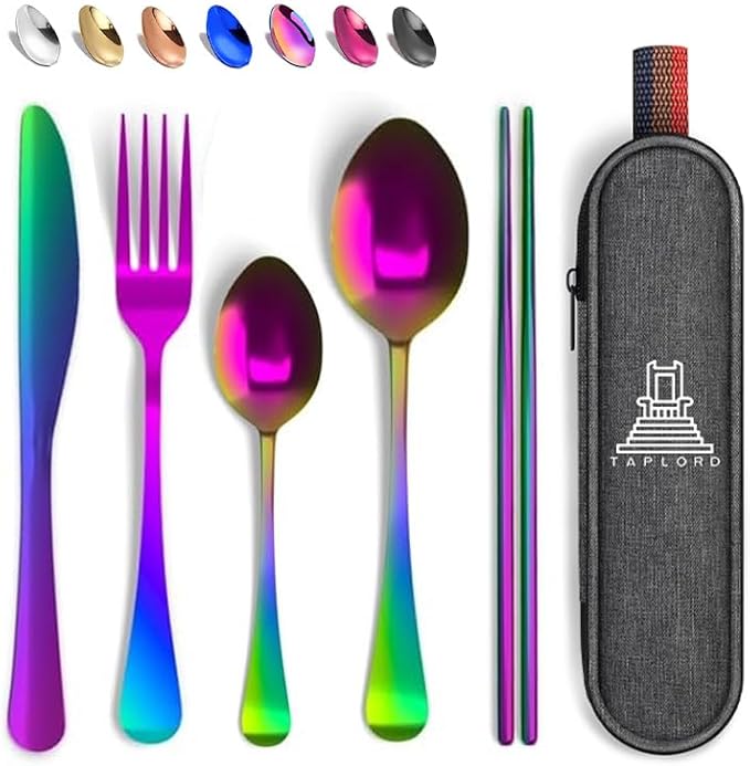 Taplord Portable Travel Silverware Set With Case, Includes 5 Pcs of Travel Utensils With Case, Stainless Steel Flatware Set For Camping, Easy to Travel, Lightweight (Multi)