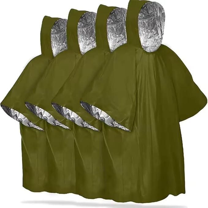 Emergency Poncho with Mylar Blanket Liner for Survival Gear, Waterproof, Wind-Resistant Green Rain Poncho for Outdoors, Camping, and Car Emergency Kits - Thermal Poncho - 4 Pack (Green)