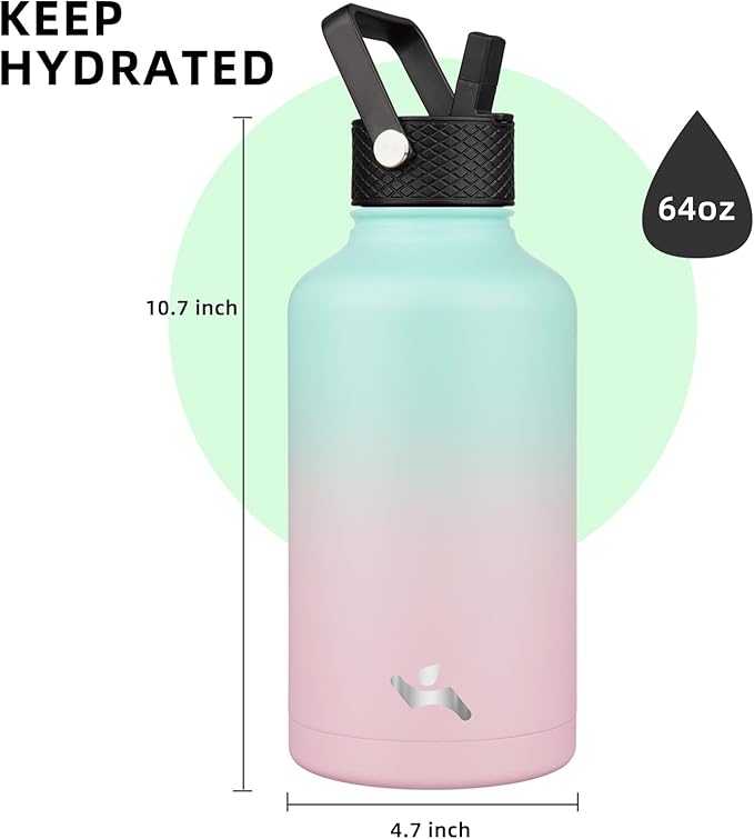Konokyo Half Gallon Insulated Water Bottle with Straw,64 oz 3 Lids Water Jug with Carrying Bag,Paracord Handle,Double Wall Vacuum Stainless Steel Metal Flask,Gum