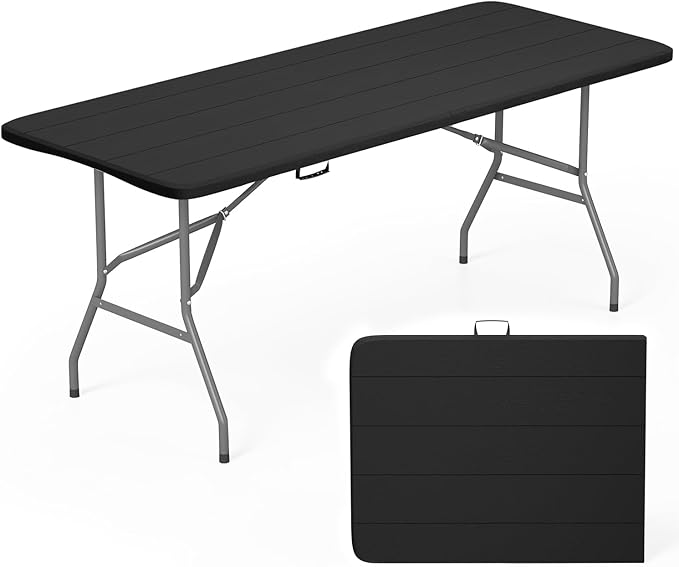 FDW 6 Foot Folding Table, Portable Plastic Table with Carrying Handle Perfect for Indoor, Outdoor, Party, Dining, Wedding, Events, Camping, Black Wood Grain