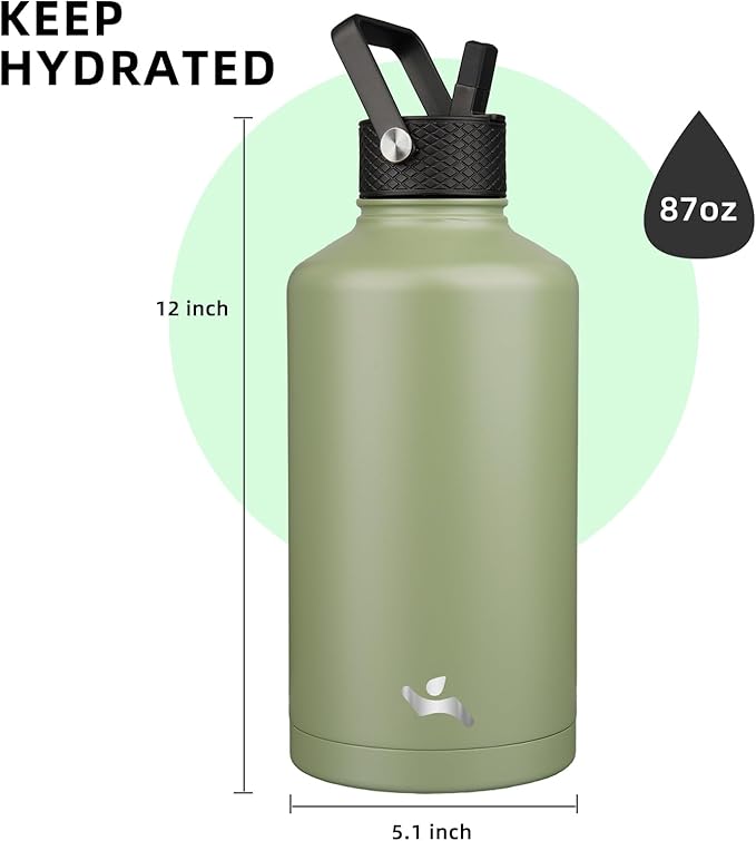 Konokyo Insulated Water Bottle with Straw,87 oz 3 Lids Water Jug with Carrying Bag,Paracord Handle,Double Wall Vacuum Stainless Steel Metal Flask,Camp Green