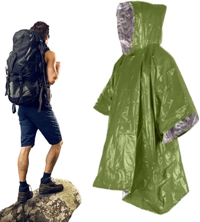Emergency Poncho with Mylar Blanket Liner for Survival Gear, Waterproof, Wind-Resistant Green Rain Poncho for Outdoors, Camping, and Car Emergency Kits - Thermal Poncho - 4 Pack (Green)