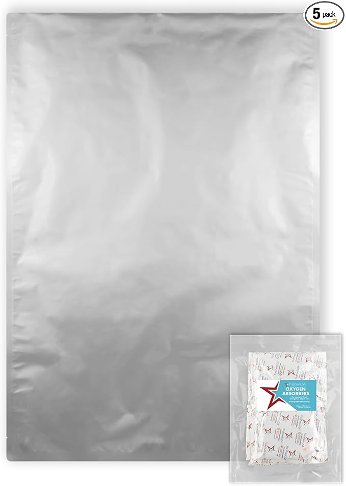 PackFreshUSA: 5-Gallon (20" x 30") AirTight Mylar Bags - 2000cc High-Capacity Oxygen Absorbers Long-Term Food Storage – Heavy Duty 5.5 Mil Thick (Per Side) - Heat Sealable - Food Grade - Pack of 5
