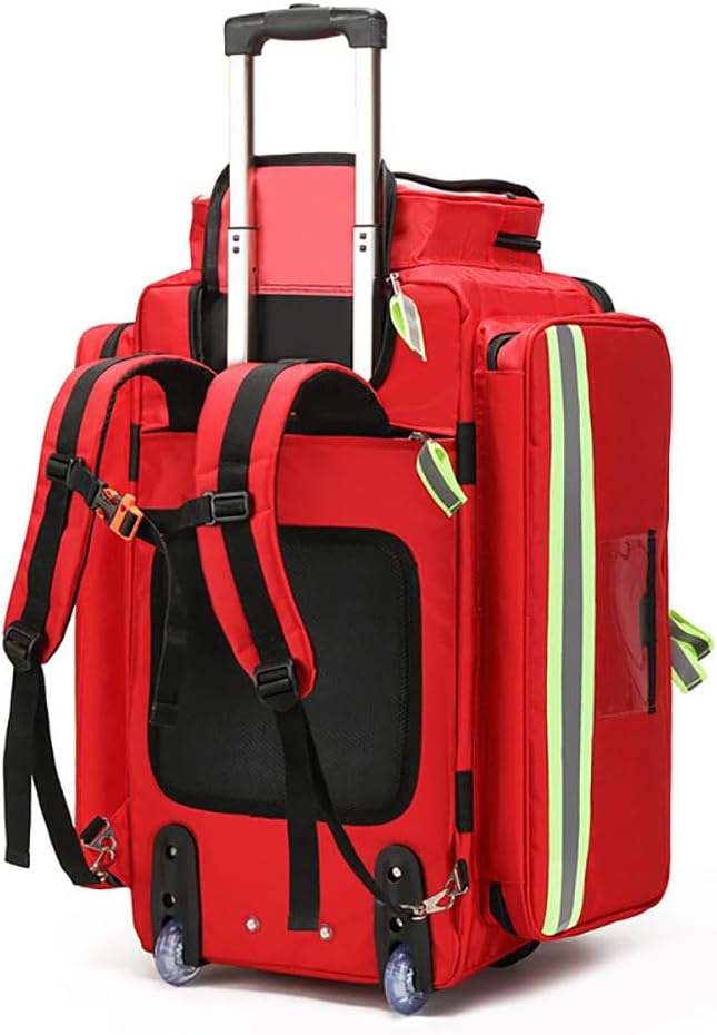 Generic Portable Trolley First Aid Kit Bag with Wheels, Large Capacity Outdoor Emergency Medical Duffle Bag Empty,Medical Trolley Bag with Compartments Removable,Ideal for EMT, EMS, Paramedics, Red
