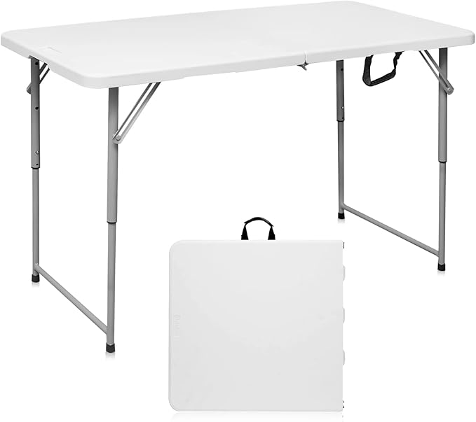 Byliable Folding Table 4 Foot Portable Heavy Duty Plastic Fold-in-Half Utility Table Small Indoor Outdoor Adjustable Height Folding with Carrying Handle, Camping and Party,White | Portable, Heavy Duty, Fold-in-Half, Indoor Outdoor, Adjustable Height, F...