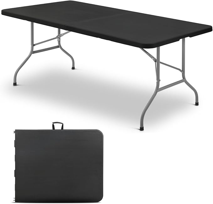 OS MOTOR 7.8ft Folding Table with Carry Handle, Portable Heavy Duty Plastic Utility Table with Steel Legs for Party, Wedding, Camping, Indoor, Outdoor Event, 94 Inch, Black