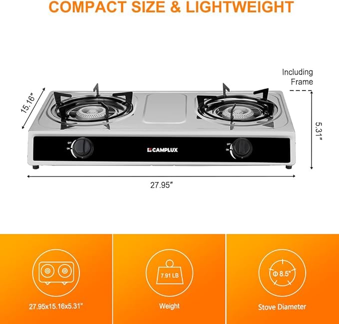CAMPLUX 2 Burner Propane Camping Gas Stove for Outdoor Cooking, 19,600 BTU Portable Double Burner Propane Cooktop Stainless Steel with Auto Ignition, Estufa de Gas Portatil, for Patio, Camping, BBQ