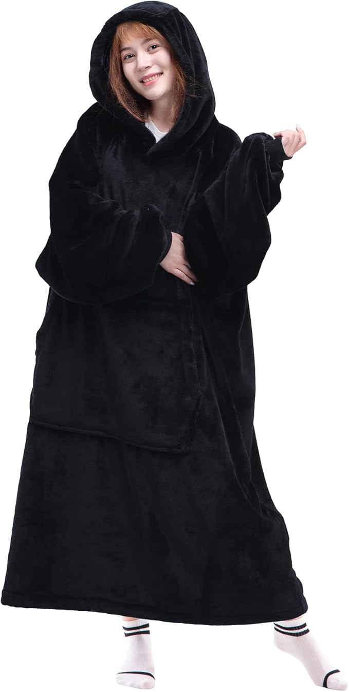 Waitu Wearable Blanket Sweatshirt Gifts for Women and Men, Warm and Cozy Giant Blanket Hoodie, Thick Flannel Blanket with Sleeves and Giant Pocket - Black