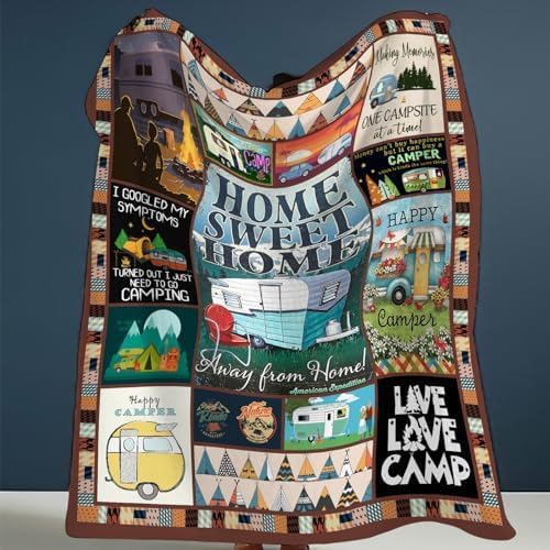 Camping Blanket Soft Warm Plush Throw Blanket Happy Camper RV Gifts for Camper Lover Cozy Lightweight Flannel Fleece Bedding Stuff Decor Blanket for Girls Kids Adults Women 40"x50"