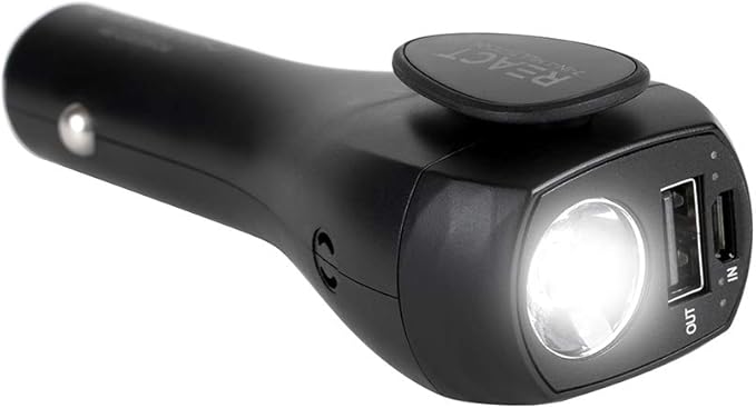React 7-in-1 Vehicle Emergency Multi-Tool by ChargeHub with 2200mAh Power Bank, USB Car Charger, Window Breaker, Concealed Seat Belt-Cutter, Flashlight, Red Flashing Light, & Audible S.O.S Alarm.