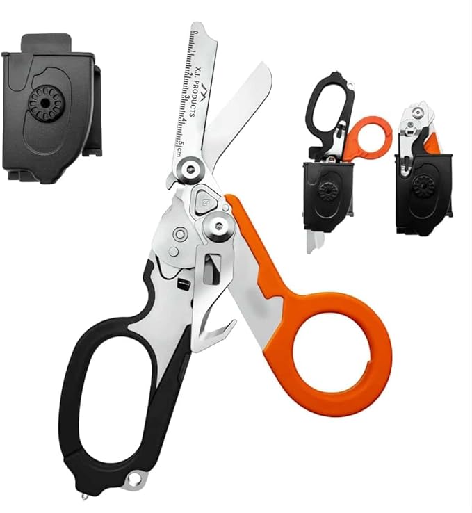 6 in 1 Multifunctional Trauma Shears Foldable with Strap Cutter | Heavy Duty Stainless Steel Emergency Response Shears | Survival Scissors With Holster | Medical Trauma Tactical | Black & Orange