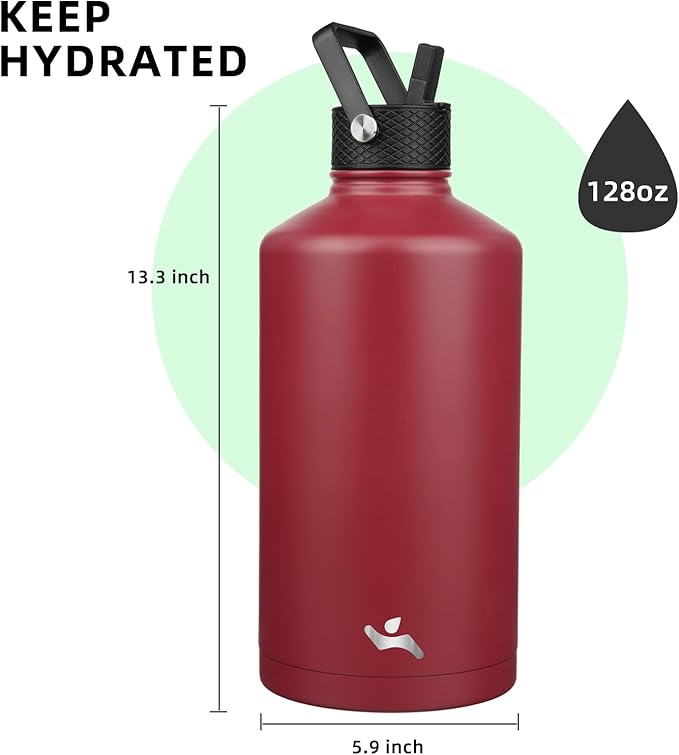 Konokyo Gallon Insulated Water Bottle with Straw,128 oz 3 Lids Water Jug with Carrying Bag,Paracord Handle, Double Wall Vacuum Stainless Steel Metal Flask,Dark Red