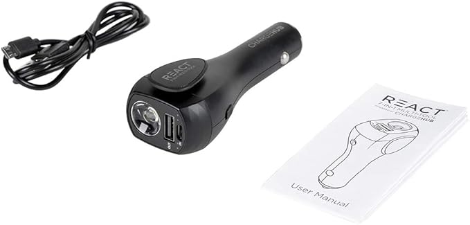 React 7-in-1 Vehicle Emergency Multi-Tool by ChargeHub with 2200mAh Power Bank, USB Car Charger, Window Breaker, Concealed Seat Belt-Cutter, Flashlight, Red Flashing Light, & Audible S.O.S Alarm.