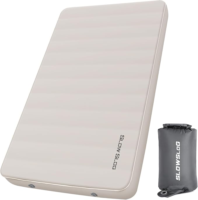 Self-Inflating Camping Mattress Pad 2 Person, 4in Thick Foam Sleeping Pad for Tent Camping, 4-Season Double Sleeping Pad with Pump Sack, Cream