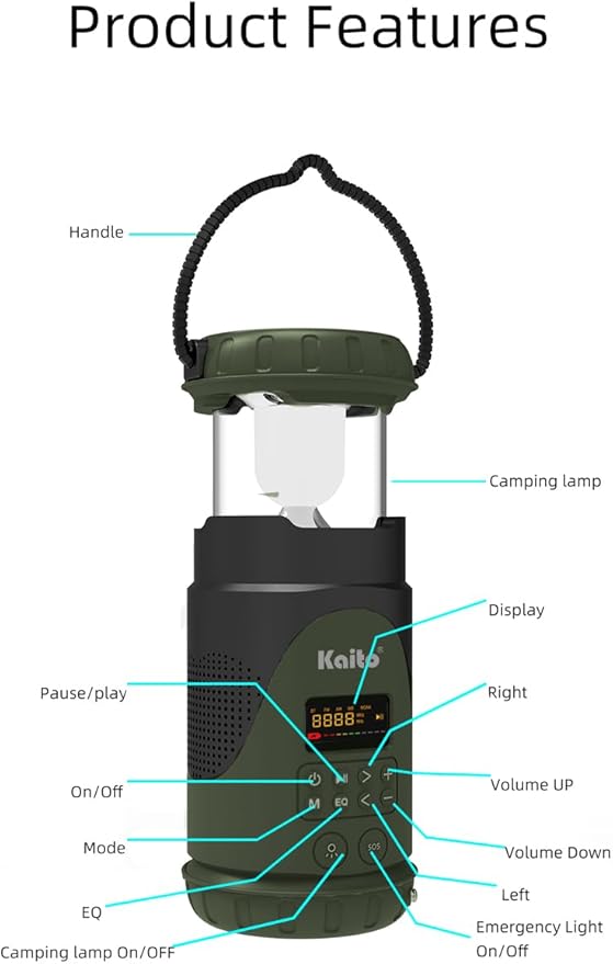 Kaito KL101 Emergency Camping Lantern & Flashlight, Hand Crank & Solar Powered, 5000mAh Rechargeable Battery, AM/FM/Weather Radio, Waterproof, SOS Alarm, USB Charging