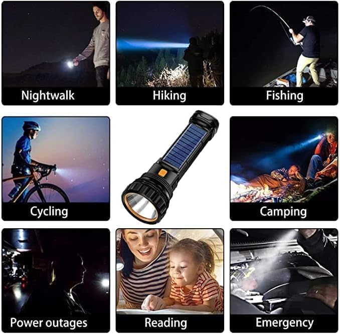 E-SHIDAI 4pcs Solar/Rechargeable Multi Function 1000 Lumens LED Flashlight, with Emergency Strobe Light and 1200 Mah Battery, Emergency Power Supply and USB Charging Cable, Fast Charging (4PC)