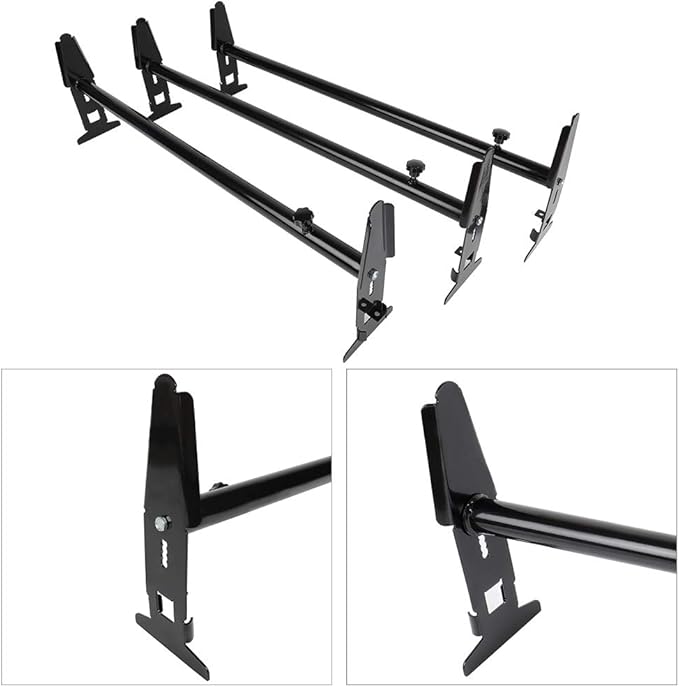 Scitoo Heavy-Duty 3 Bars Steel Utility Ladder Truck Pickup Rack Kayak Contractor Lumber Utility for Chevy for Dodge for Ford for GMC Express 77' Van with Rain Gutters - Black Van Rack