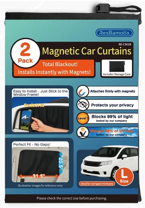Magnetic Car Side Window Sun Shade, 2 Pack, Privacy Protection with UV Blocking, Easy Install with Storage Case, for Family Travel, Camping, Business Trips (Black, Large（31.5"L x 20.5"W）)