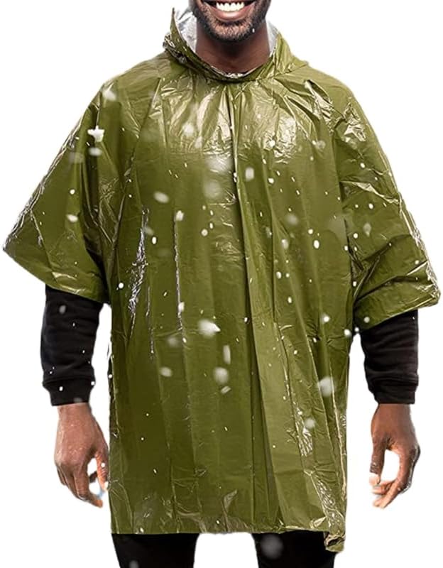 Emergency Poncho with Mylar Blanket Liner for Survival Gear, Waterproof, Wind-Resistant Green Rain Poncho for Outdoors, Camping, and Car Emergency Kits - Thermal Poncho - 4 Pack (Green)
