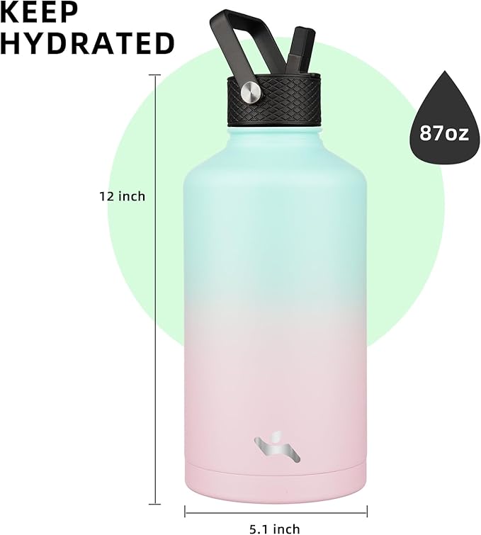 Konokyo Insulated Water Bottle with Straw,87 oz 3 Lids Water Jug with Carrying Bag,Paracord Handle,Double Wall Vacuum Stainless Steel Metal Flask,Gum