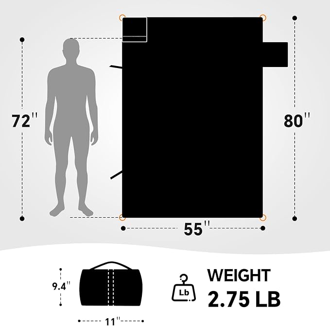 BEDELITE Large Waterproof 315GSM Camping Blanket 2.75LB, Lightweight Packable Blanket for Car, Foldable Fleece Stadium Blanket for Outdoor Sports, Wearable, Machine Washable, 55" x 80" Twin,Black
