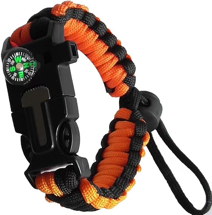 Adjustable Survival Paracord Bracelet with Fire Starter & Loud Whistle, Multitool Emergency Gear for Hiking, Camping, Fishing, Hunting & Outdoor Adventures，Camouflage Green＆Orange（2 pack）