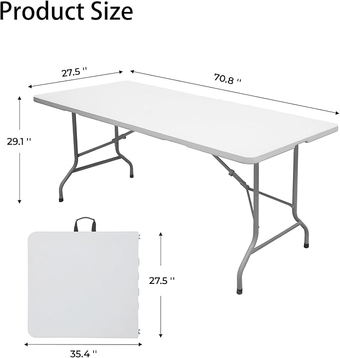Lakhow Folding Table 6ft Heavy Duty Portable Table Indoor Outdoor with Parties, Camping & BBQs, Folds in Half for Easy Storage, No Assembly Required, White