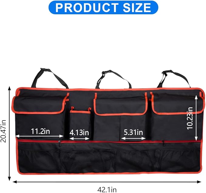 Mandark Car Trunk Organizer, Super Capacity Vehicle Hanging Backseat Cargo Storage Bag with Robust Elastic Net, Detachable Auto Seat Back Organizing Bag, Universal for SUV, Truck, RV（Black/Red）