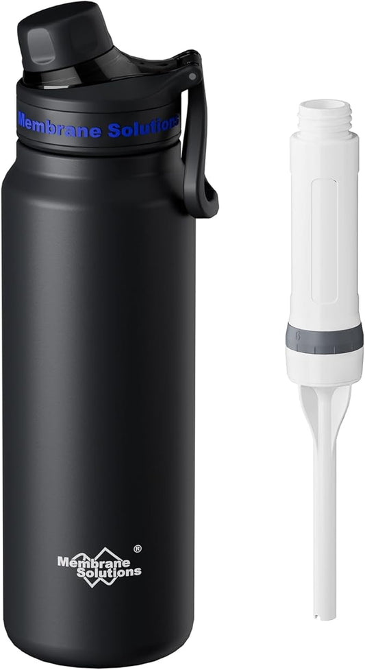 Membrane Solutions C3 Filtered Water Bottle, 32oz Stainless Steel Water Bottle with Replaceable UF+ACF Filter Cartridge, Portable Water Filter, Travel, Hiking & Camping for Drinking Water