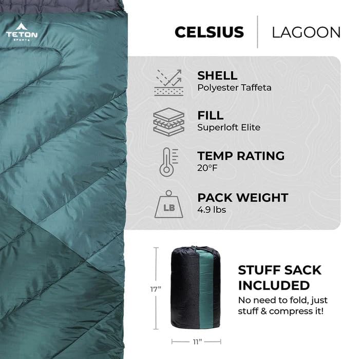 Teton Celsius Regular, 25F, 20F, 0F Degree Sleeping Bags, All Weather Bag for Adults and Kids, Camping Made Easy and Warm, Travel Sack Included