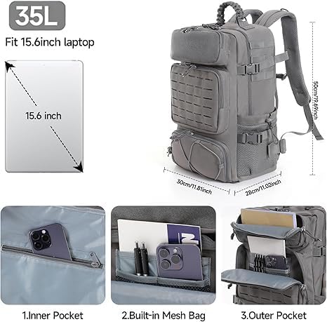 Tactical Military Backpack, Large Capacity Molle System, Multi-Compartment Design with Shoe Storage, Black (grey)