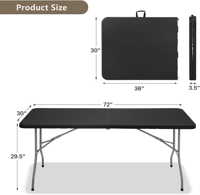 OS MOTOR 6ft Folding Table with Carry Handle, Portable Heavy Duty Plastic Utility Table with Steel Legs for Party, Wedding, Camping, Indoor, Outdoor Event, 72 Inch, Black