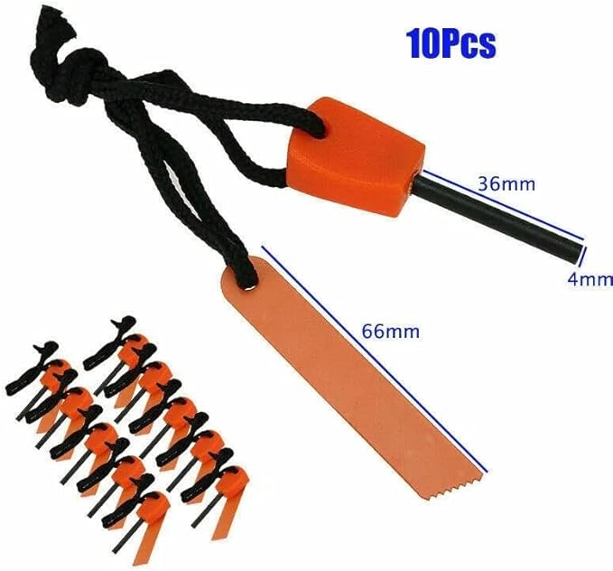 Fire Starter Flint Steel Striker Survival Kit, Ferro Rod Outdoor Camping Tool, Orange and Black, 10 Pack