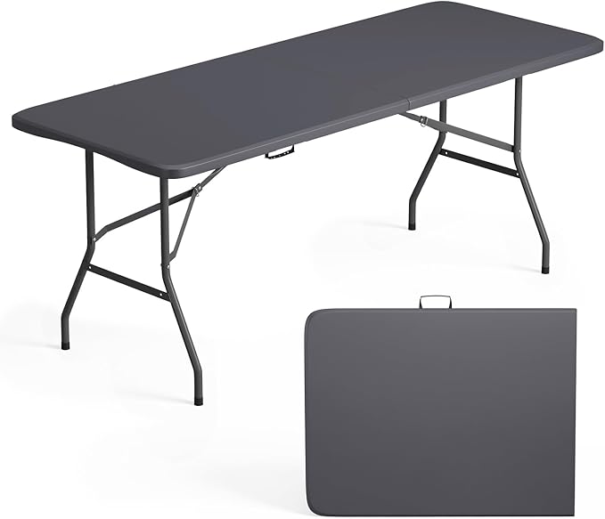FDW 6 Foot Folding Table, Portable Plastic Table with Carrying Handle Perfect for Indoor, Outdoor, Party, Dining, Wedding, Events, Camping, Grey