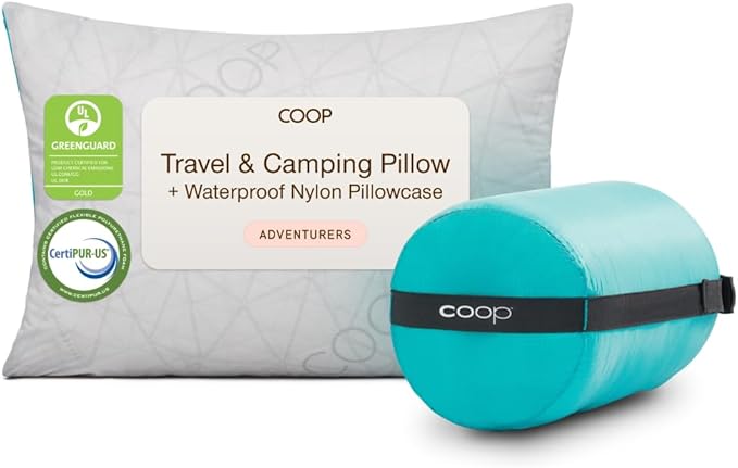 Coop Home Goods Original Adjustable Travel Pillow and Waterproof Pillow Protector Grey Bundle with Compressible Stuff Sack, Medium-Firm Memory Foam and Washable Cover, CertiPUR-US Certified (19x13)