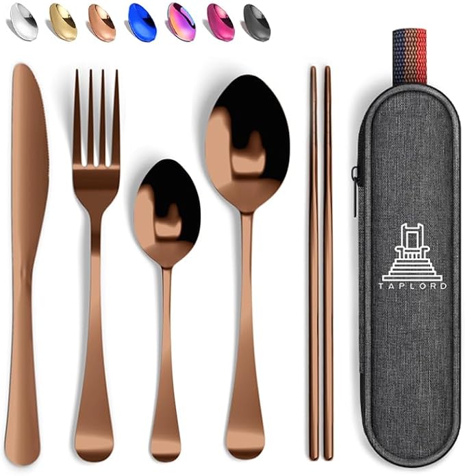 Taplord Portable Travel Silverware Set With Case, Includes 5 Pcs of Travel Utensils With Case, Stainless Steel Flatware Set For Camping, Easy to Travel, Lightweight (Rose Gold)
