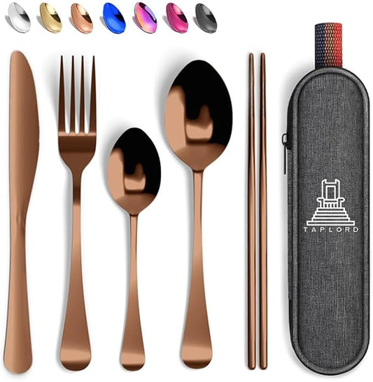 Taplord Portable Travel Silverware Set With Case, Includes 5 Pcs of Travel Utensils With Case, Stainless Steel Flatware Set For Camping, Easy to Travel, Lightweight (Rose Gold)