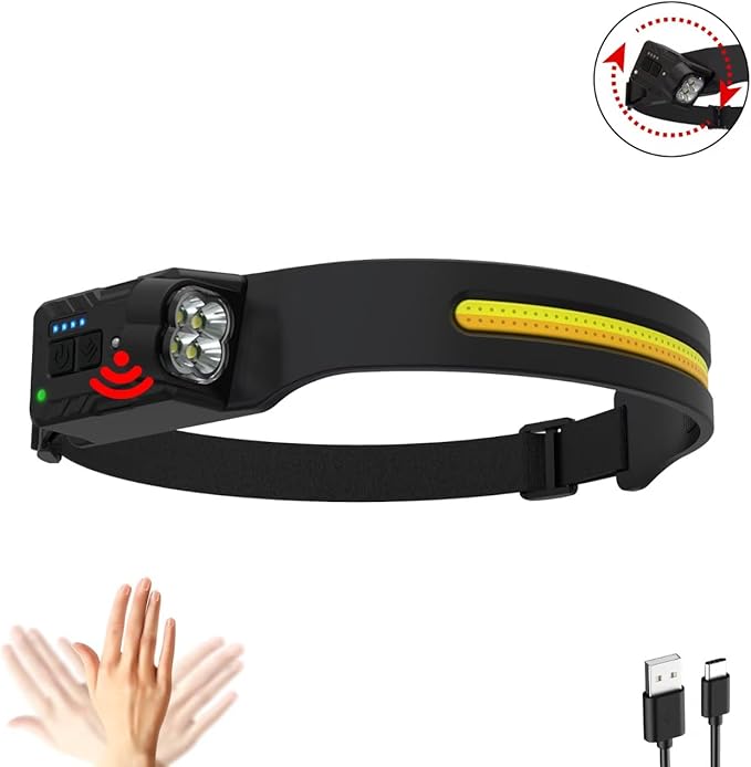 Rechargeable headlamp - LED headlamp with a 230° Wide Beam and 315°rotatable lamp Head Featuring 7 Lighting Modes with a Motion sensor350 lumens IPX4 Waterproof for Camping Hiking and Running