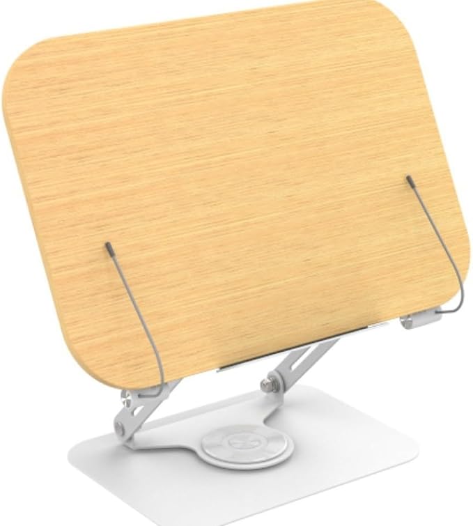 Book Stand for Reading - 360° Rotating Base, Adjustable Height & Angle, Hands-Free Holder for Cookbooks, Textbooks, Tablets up to 17.3 Inches (Light Yellow)