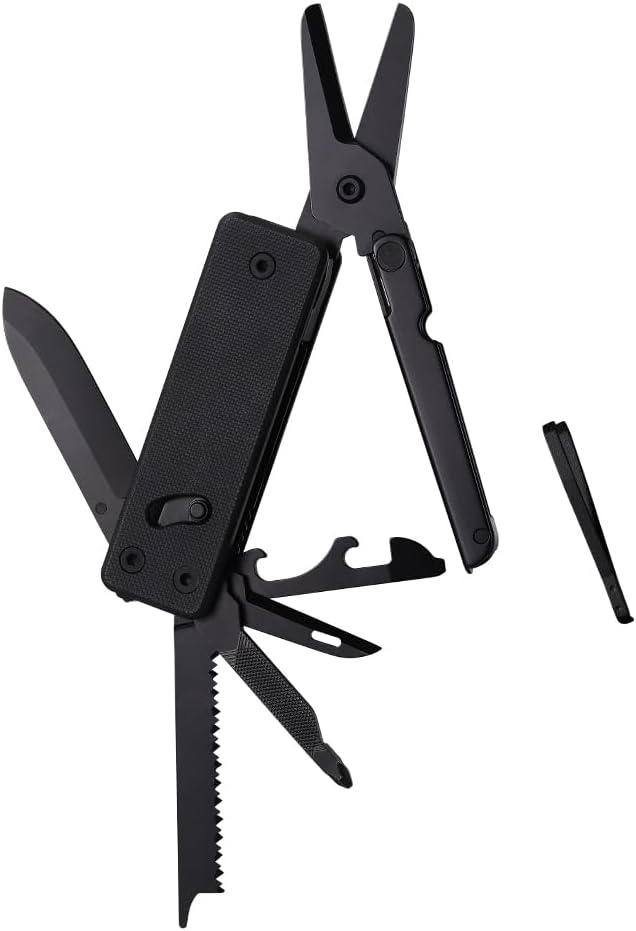 Roxon KS2E Noir Elite D2 Blade 13 in 1 Mini Multi Tool function pocket knife with big scissor, G10 handle and Pocket clip, good for Camping/Backpacking/Emergencies/EDC Multitool (D2 Steel Blade)