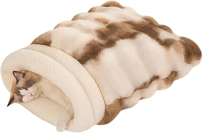 Self-Warming Cat Sleeping Bag, Enclosed Hooded Snuggle Sack with Dual-Side Plush Cat Cave Bed, Portable Foldable Pet Sleeping Pod for Indoor & Travel, Anti-Static, 21.7"x17.7"Coffee White