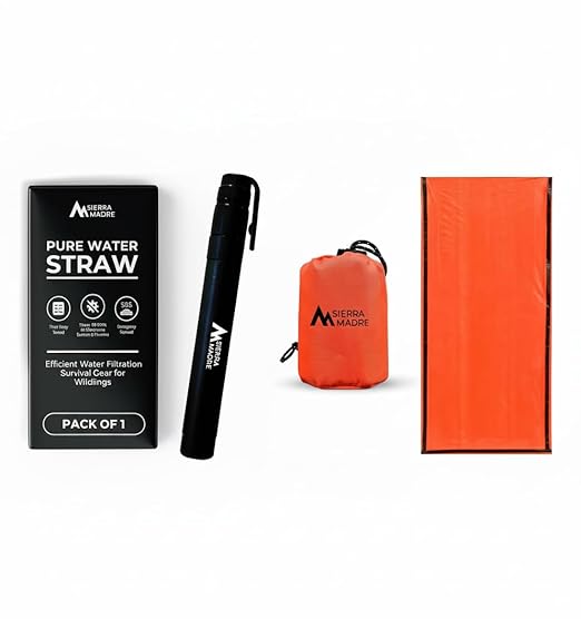 Sierra Madre Survival Bundle – Pure Water Straw with Emergency Mylar Sleeping Bag – Ultralight, Portable Gear for Camping, Hiking & Emergency Preparedness