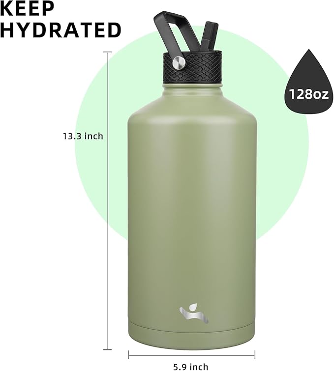 Konokyo Gallon Insulated Water Bottle with Straw,128 oz 3 Lids Water Jug with Carrying Bag,Paracord Handle, Double Wall Vacuum Stainless Steel Metal Flask,Camp Green