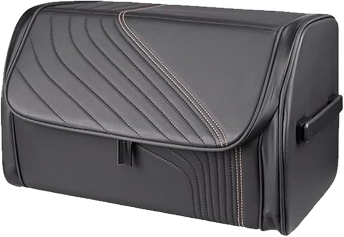 TOPABYTE Car Trunk Organizer with Lid and Sturdy Handle Foldable Durable Premium Leather Storage Box Cargo for BMW SUV Sedan Truck, Black