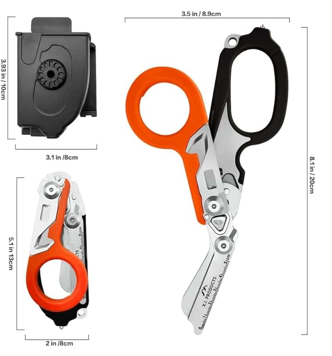 6 in 1 Multifunctional Trauma Shears Foldable with Strap Cutter | Heavy Duty Stainless Steel Emergency Response Shears | Survival Scissors With Holster | Medical Trauma Tactical | Black & Orange