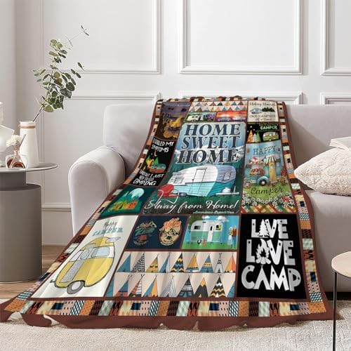 Camping Blanket Soft Warm Plush Throw Blanket Happy Camper RV Gifts for Camper Lover Cozy Lightweight Flannel Fleece Bedding Stuff Decor Blanket for Girls Kids Adults Women 40"x50"